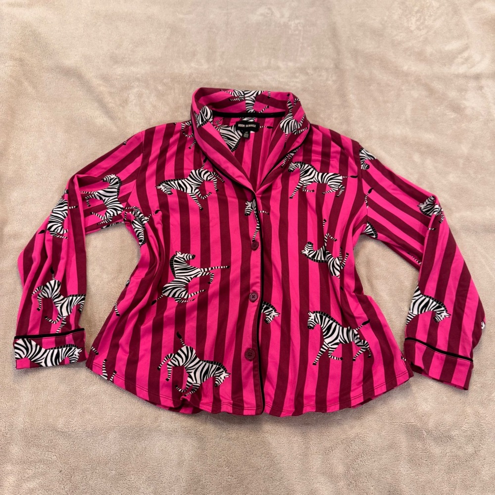 Room Service Pink Zebra Stripe Pajama Set Luxury Soft Lounge Whimsy Stripe Sz L - Picture 7 of 14